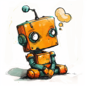 Child-like robot sitting cross-legged, pausing to think with a soft expression