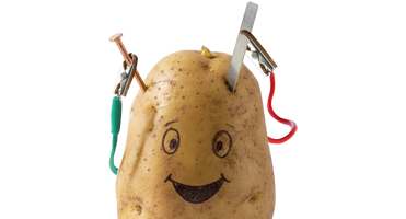 A potato with wires and clips attached, smiling, representing 100 Ways to Power AI and the question of whether a potato can run artificial intelligence.